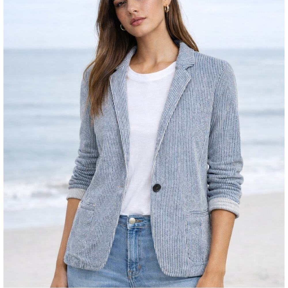 Hartford Womens Blue White Striped Cotton Knit Blazer Small/Med